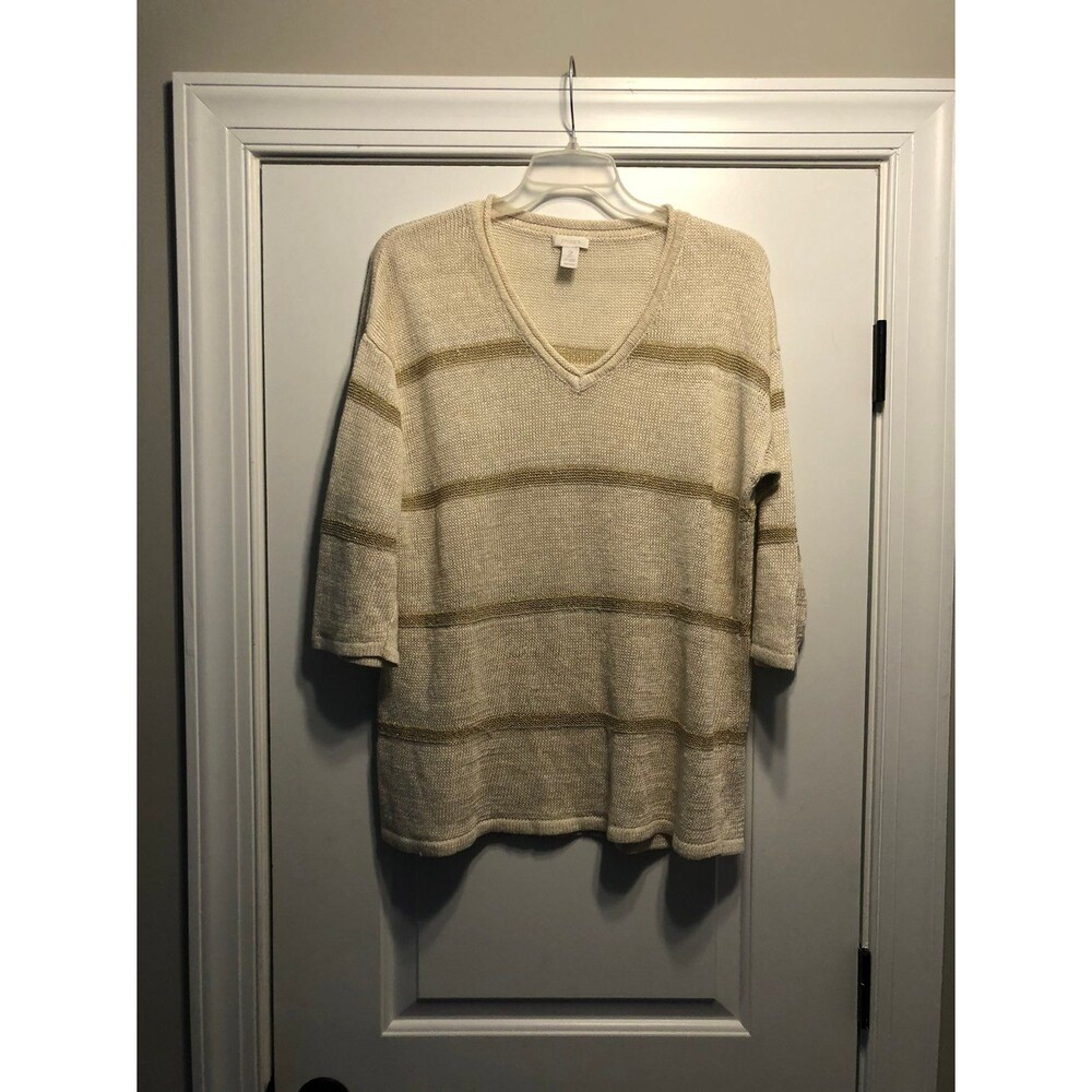 Chico's 3/4 Sleeve Gold Striped Cream Linen Blend Sweater Size 2 Large Luxury